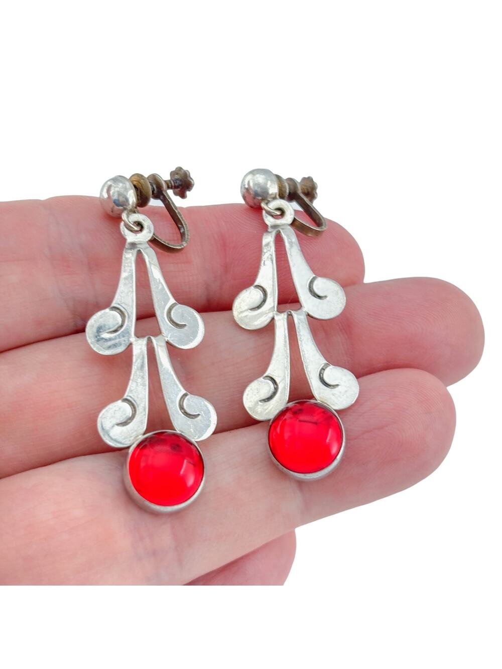 Vintage Sterling Silver 925 Red Glass Dangle Earrings